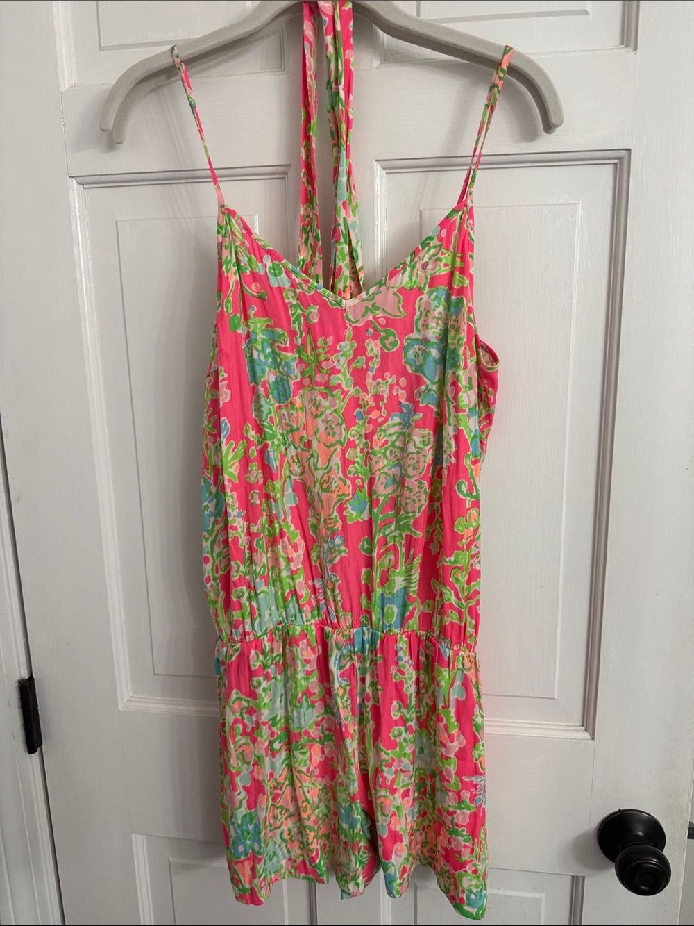 Lilly Pulitzer Pink Floral Halter Romper with Green & Blue Accents